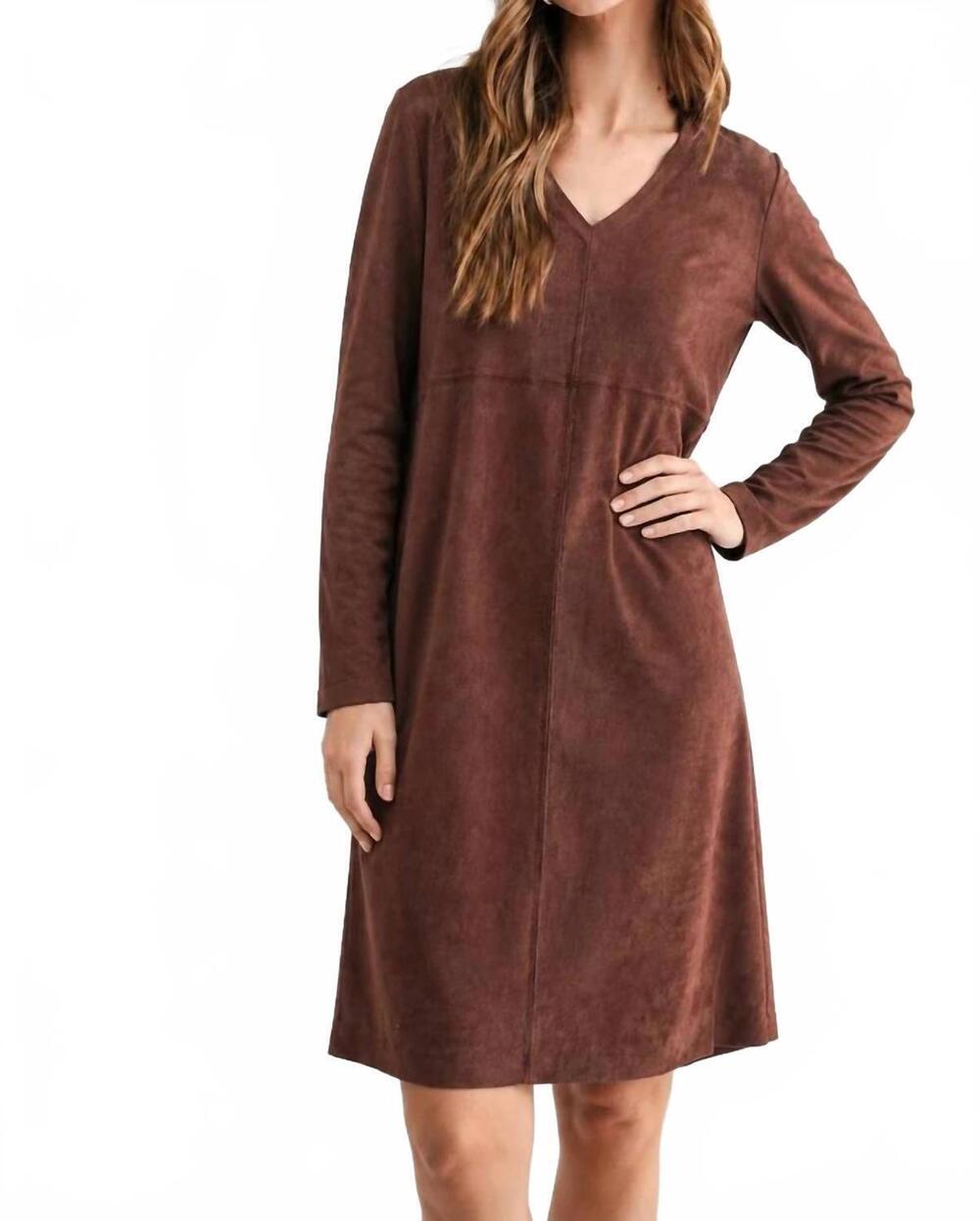 NEW JOH aurora suede long sleeve v neck dress in mahogany